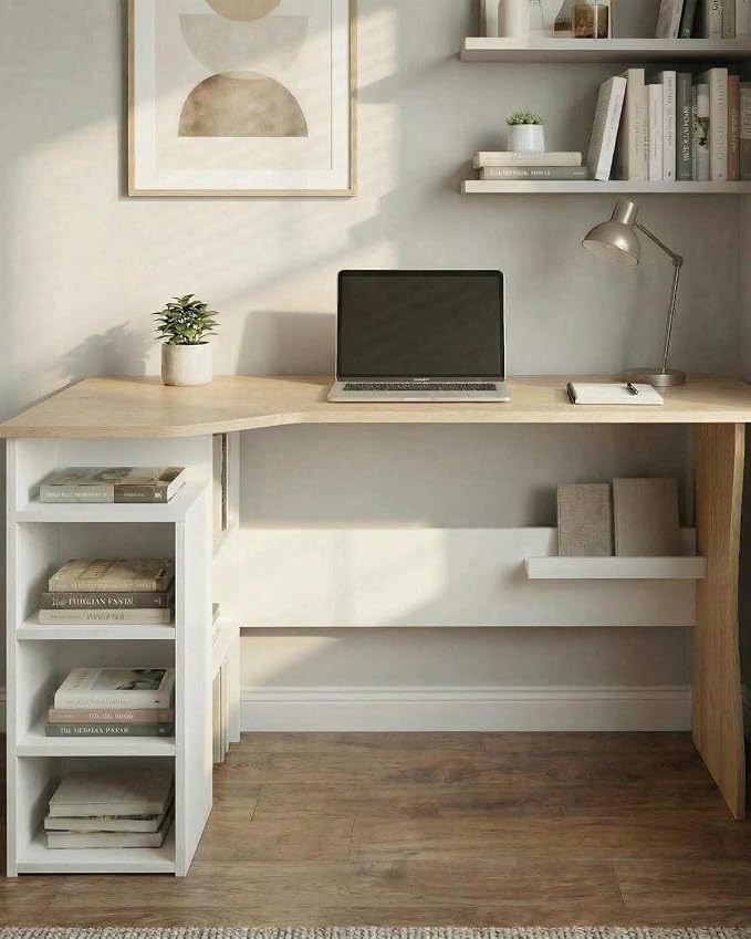 Garvee L Shaped Desk with Storage Shelves, Small Corner Desk for Small Spaces, Corner Table with 3 Tier Shelves, Home Office, Writing Study Gaming Desk Oak Wood