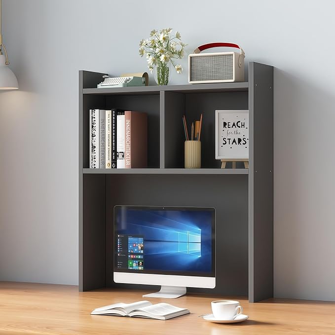 Desk Hutch Dorm, Desktop Bookshelf Organizer, Multifunctional Wooden Shelf Rack with Storage for Dorm Room, Office, Study, Space-Saving Design(Black,23.6x7.8x35.4in)