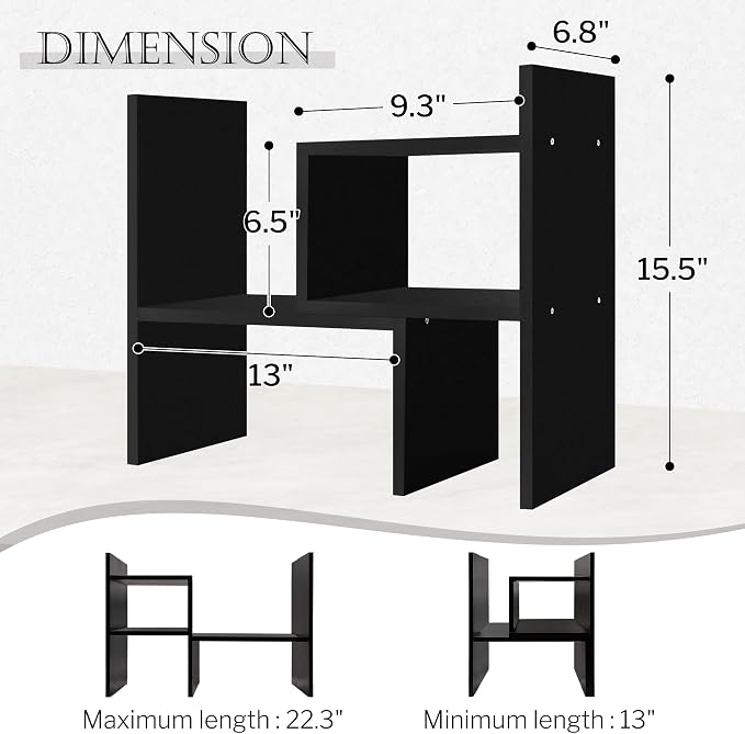 Jerry & Maggie Desktop Organizer Office Storage Rack Adjustable Wood Display Shelf 2 Shelves Free Style Rotation Display Natural Stand Black 2 Pack