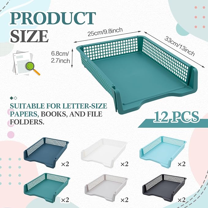 Geetery Set of 12 Plastic Trays for Teachers Turn in Trays Classroom Stackable Paper Tray Plastic Classroom Teachers Desk Letter Organizer Storage Baskets for Office, Desk, Home (Morandi Color)