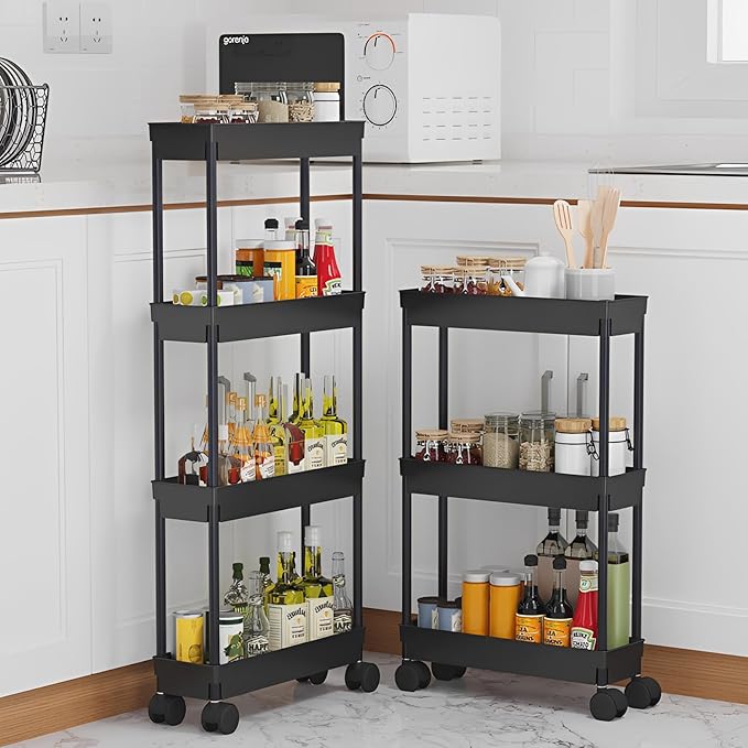 Sooyee 4 Tier Slim Storage Cart, Black | Rolling, Narrow Shelf, Mobile Shelving Unit Organizer, For Kitchen, Bathroom, Laundry Room