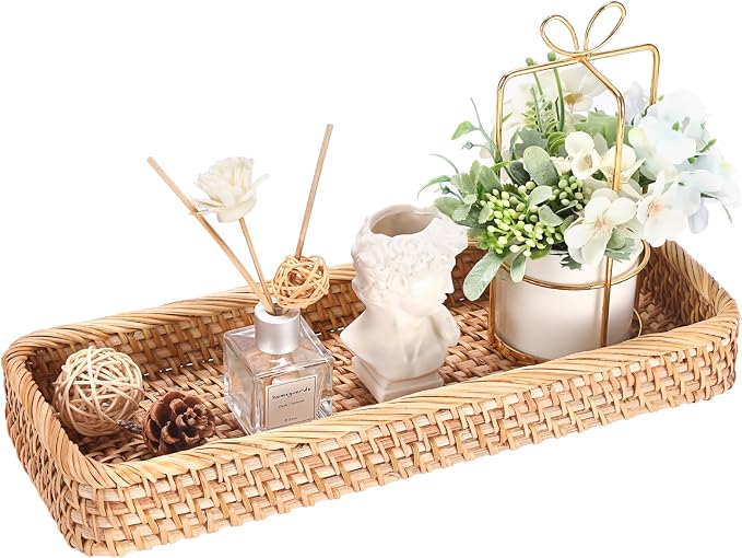 Hipiwe Rattan Basket Tray Handwoven Key Basket Holder for Entryway Long Narrow Bathroom Sink Vanity Tray Toilet Tank Basket Wicker Decorative Trays for Home Decor, 15.8"x 6"x2.2"