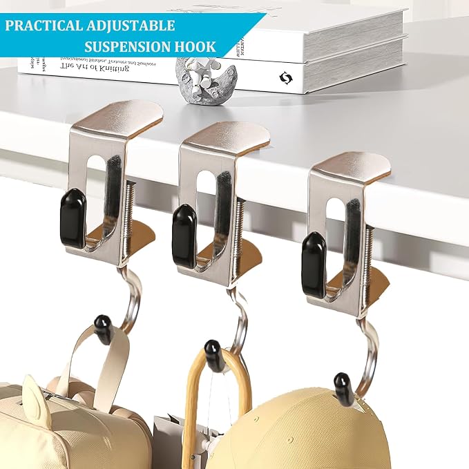 Purse Hook for Table, 6 Pcs Adjustable Stainless Steel Clamp-On Desks Hanger for Office, Home, Dorm, Dining Table, Portable Desk Organizer for Hanging Bags, Backpack, Headphone Storage