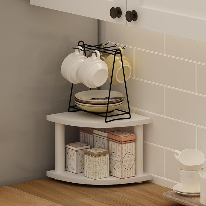 Furinno Turn-N-Tube Kitchen Countertop Organizer, 2-Tier Corner Countertop Organizer Shelf, Corner Shelf, for Kitchen, Pantry, Organizers and Storage, White