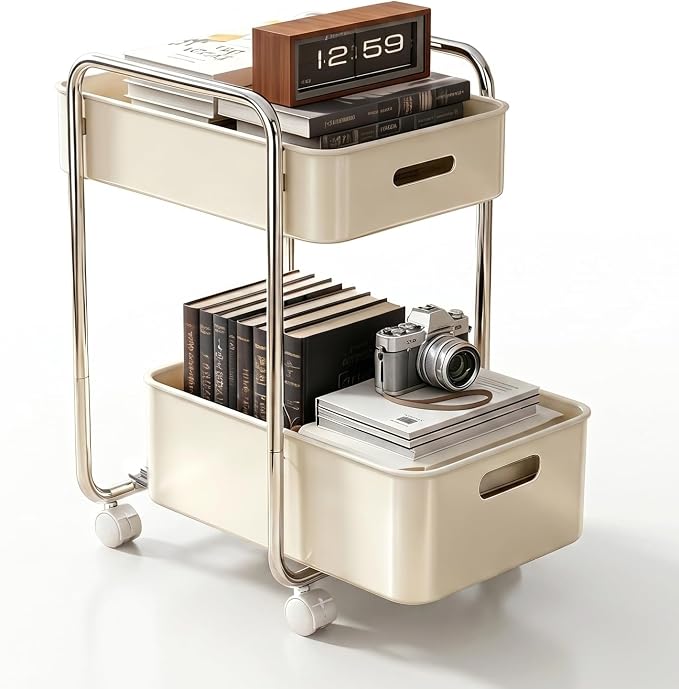 PureBox 2-Tier Metal Rolling Utility Cart with Slide-Out Drawer,Sturdy Solid Board Utility Cart for Under Desk,with Lockable Wheels Mobile Storage Organizer for Office,Living Room,Kitchen,Cream White