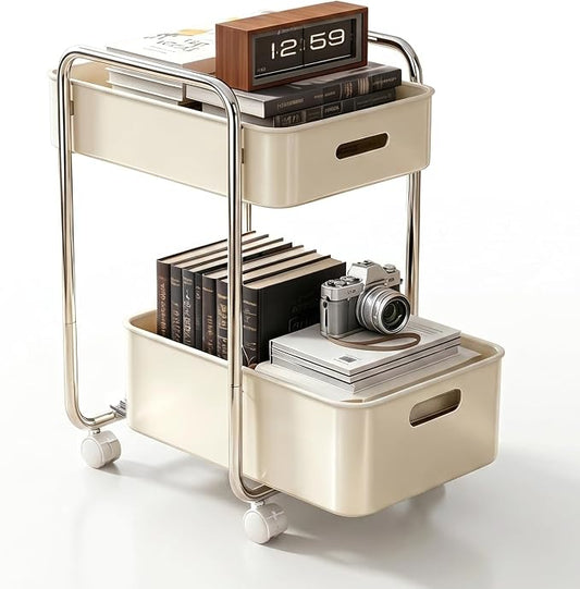 PureBox 2-Tier Metal Rolling Utility Cart with Slide-Out Drawer,Sturdy Solid Board Utility Cart for Under Desk,with Lockable Wheels Mobile Storage Organizer for Office,Living Room,Kitchen,Cream White