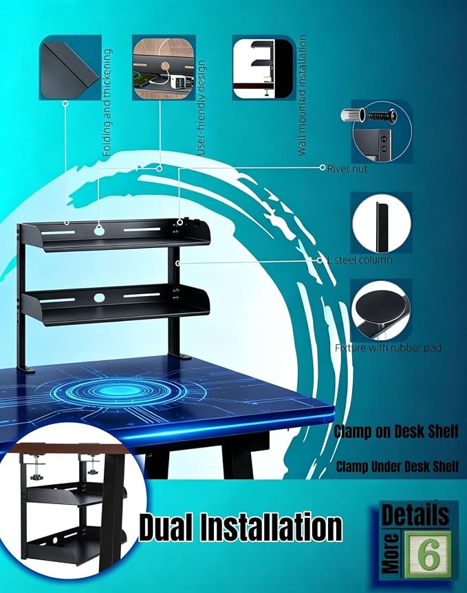 Yuxh Desk Clamp Shelf 15 Inch, Black | Space-saving, clip on or under shelf for panel tabletop, office, study room & gaming setup, easy drill-free assembly