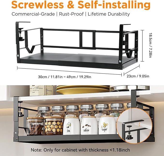 WELTOKE Under Shelf Storage Basket Organizer, Expandable Under Cabinet Shelf,Heavy Duty Metal Cabinet Hanging Shelf For Kitchen Cupboard Cabinet Pantry Laundry Desk Bookshelf Garage, Black(1 Pack)