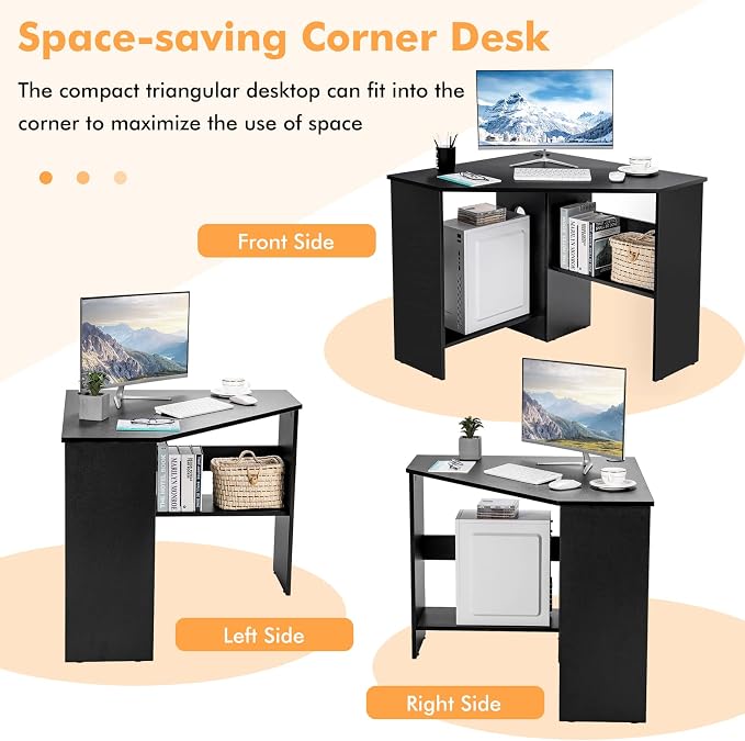 Small Corner Desk, Space-Saving Corner Workstation with Storage Shelves & CPU Stand, 90 Degree Triangle Makeup Vanity Desk, Wood Corner Computer Desk for Small Space (Black)