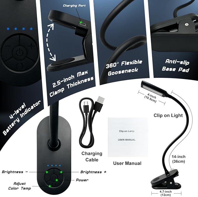 Clip on Light, Desk Lamp with Clamp, LED Reading Light with 3500mAh Rechargeable Battery, 3 Color Modes, 10 Brightness Levels, Adjustable Neck, Cordless Clip on Lamp for Bed, Home Office, Craft(Black)