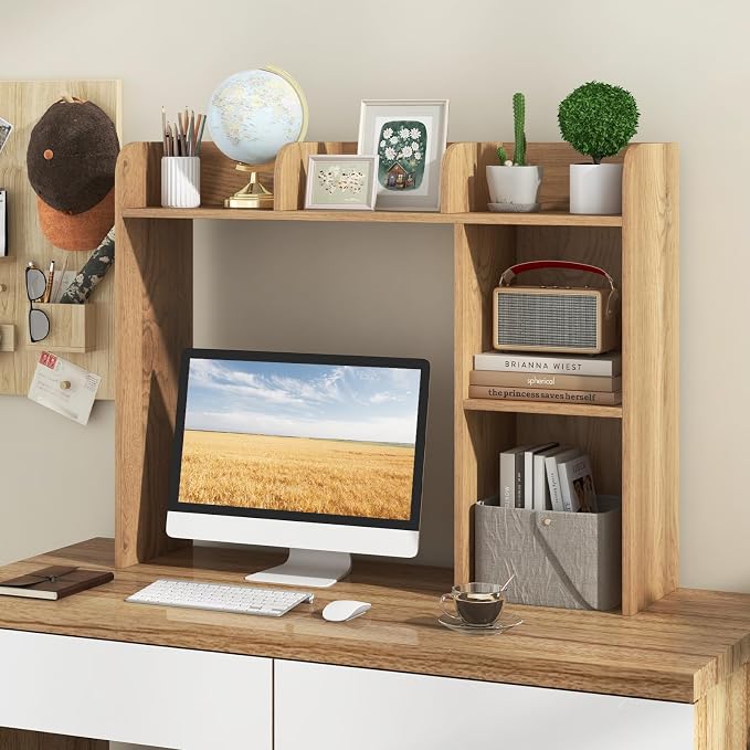 Desktop Bookshelf, 3-Tier Desk Organizer Shelves with 5 Display Rack, Countertop Storage Bookcase for Computer Desk, Desk Hutch Shelf for Top of Desk, Dorm, Home, Office (Natural)