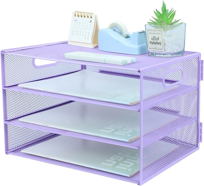 3 Tier Lettrer Tray Organizer, Metal Mesh Desk File Organizer with Sliding Trays, Paper Sorter Desk Organizer for Home Office School, Purple