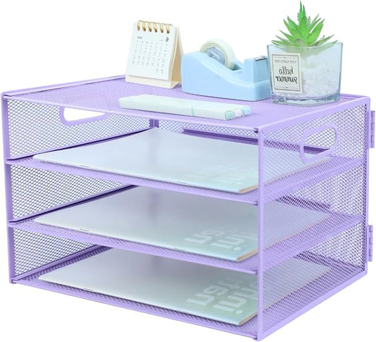 3 Tier Lettrer Tray Organizer, Metal Mesh Desk File Organizer with Sliding Trays, Paper Sorter Desk Organizer for Home Office School, Purple
