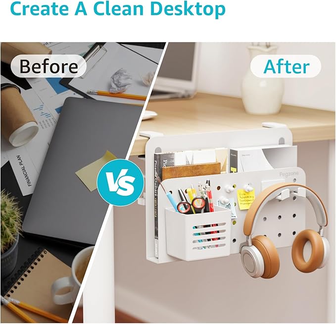 PEGZONE Desk Side Storage Organizer, No Drill Under Desk Laptop Holder, Clamp on Desks Shelf with Pegboard Accessories, Hanging Laptop Mount, Fits Flat Edge 0.4" to 2.2", White