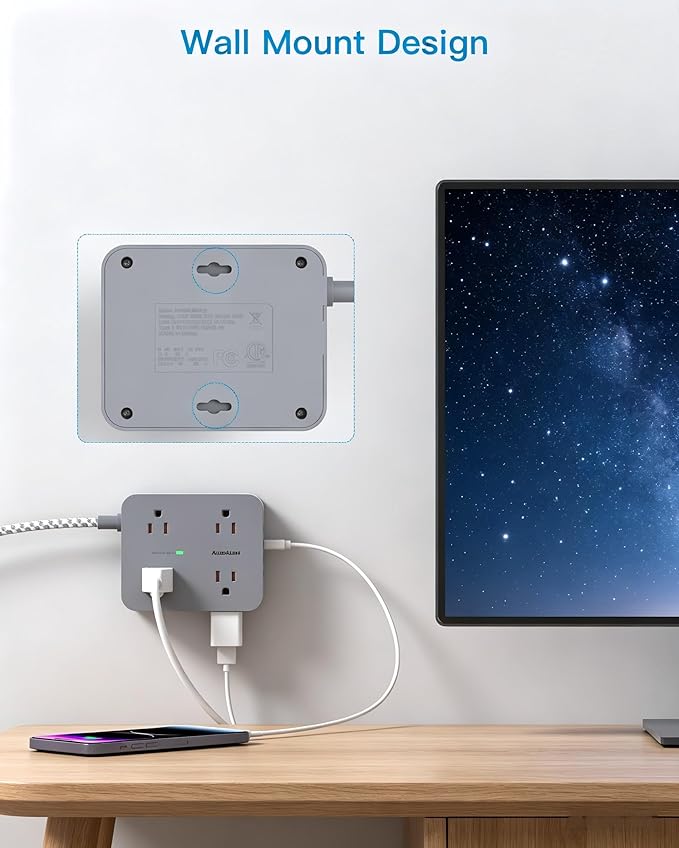 Surge Protector Power Strip - HANYCONY 8 Outlets 4 USB (2 USB C) Charging Ports, Multi Plug Outlet Extender, 5Ft Braided Extension Cord, Flat Plug Wall Mount Desk Charging Station for Home Office ETL