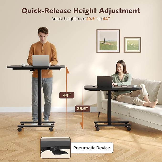 Homkdom C Shaped Table with Wheels, Side End Table with Extended Desktop, Adjustable Rolling Desk for Small Space, Dorm, Height Adjustment (29.5"-44"), Black