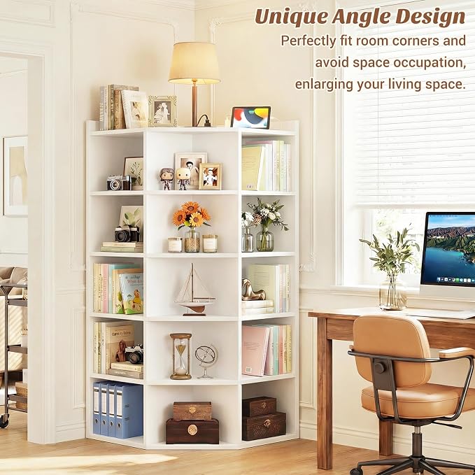 Aheaplus 6-Tier Corner Cube Bookshelf with Power Outlets, Wooden Corner Storage Cabinet with 15 Cubes, Corner Cube Organizer Shelf with Top Table, L Shaped Cubby Bookcase for Home Office, White