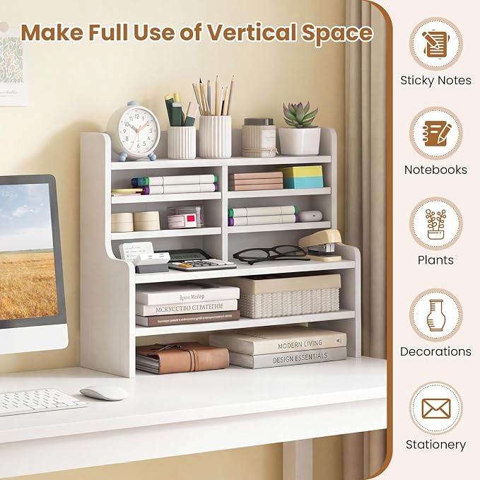 ERGOMASTER Desk Organizer, File Organizer with Multi Tier Storage Cubby Bookshelf, Desktop Organizer for Office Study Dorm Workspace Table Top Storage Rack, White, 19.5” x 6.5” x 16.5”