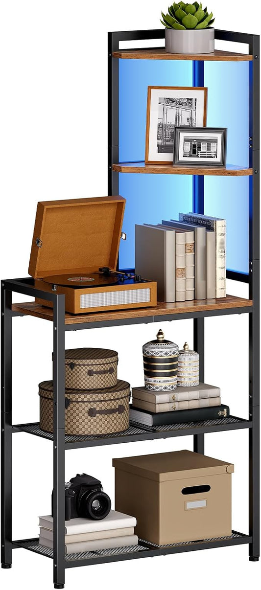 HOOBRO 5-Tier Corner Shelf Stand, Corner Shelf with LED Light, 56.3" Tall Corner Bookshelf, Display Rack Storage Organizer with Table, for Small Spaces, Living Room, Entryway, Rustic Brown BF69DCJ01
