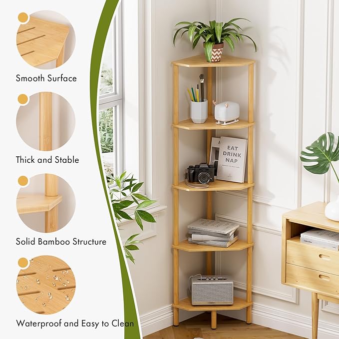 Corner Shelf, 5 Tier Bamboo Corner Bookshelf, 54" Tall Narrow Bookcase, Plant Stand, Corner Display Rack, Shower Caddy, Display Standing Shelf Organizer for Bedroom, Living Room, Kitchen, Home Office