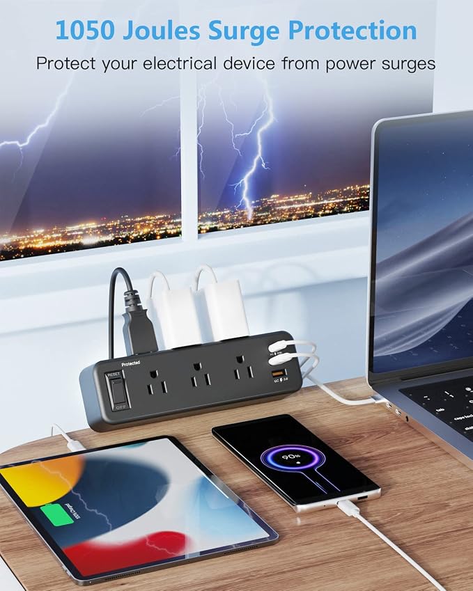 6 Outlet Desk Clamp Power Strip with USB C, Flat Plug Surge Protector, Desktop Edge Mount for 1.8 inch Tabletop Thick, Connect 6 ft Extension Cord, Table Edge Socket with Switch, Black