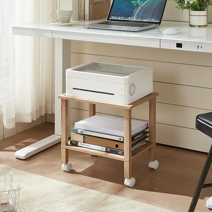 YUFAM 2 Tier Printer Stand with Storage,Under Desk Shelf Printer Table,Small Printer Stand with Wheels,Rolling Printer Cart for Office