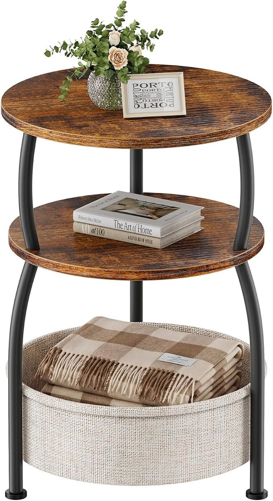 Round Side Table with Storage Basket, 15.75in Small Space Saving End Table 3-Tier Bedside Corner Table for Living Room, Bedroom, Garden, Sofa Side Table