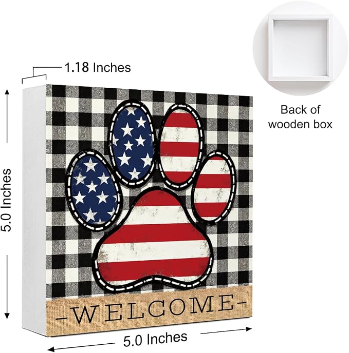 Patriotic Wooden Box Sign,Welcome Dog Paw 4th Of July Signs Home Decor,Independence Memorial Day Block Sign for Dog Lovers Shelf Tabletop Decor