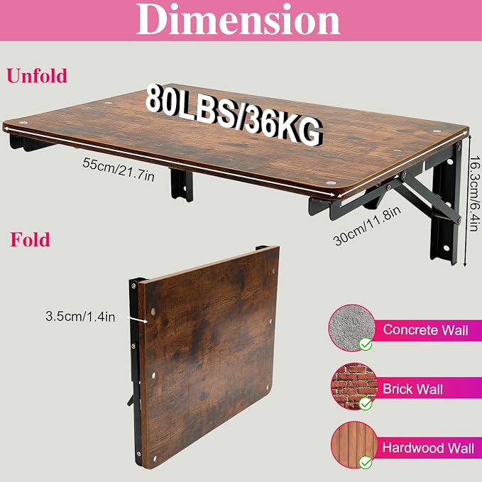 Wooden Folding Shelf Wall Mounted for Small Space, Wall Table for Living Room Bedroom Decor, Home Office Floating Fold Down Desk, Media Shelves with Heavy-Duty Brackets Holds Up to 30lbs, 21.6"*11.8"