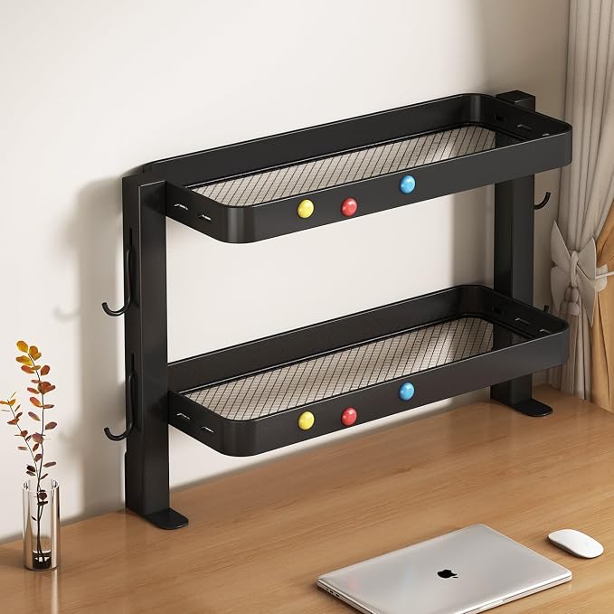 Clamp-On Desk Shelf Organizer, Adjustable 2-Tier Metal Desk Side Storage Rack with 4 Hooks, Space-Saving Desktop Caddy for Home Office, Stationery & Office Supplies (Black)