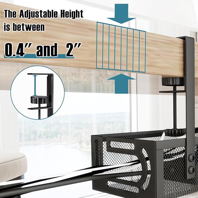 No Drill Under Desk Cable Management Tray, SONATURE 15.7" Cord Organizer for Table, Clamp Mount Desk Cable Management, Premium Carbon Steel Cable Organizer for Office, Home (Black)