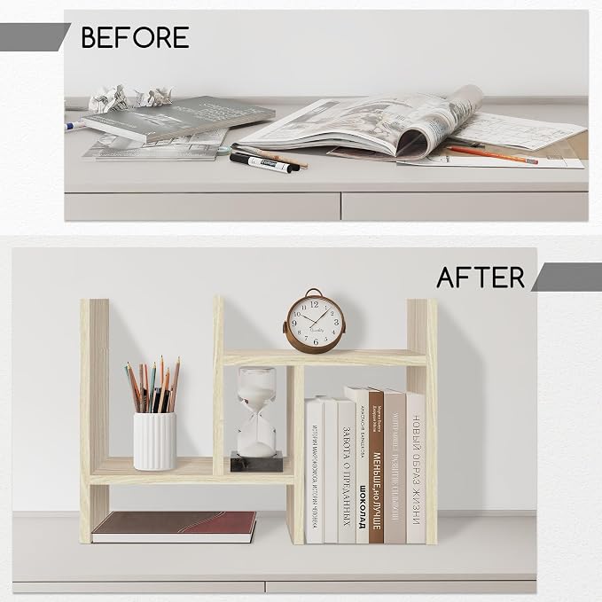 Jerry & Maggie Desktop Organizer Office Storage Rack Adjustable Wood Display Shelf Free Style Double H, Multi-Functional Mini Bookshelf for Desk Natural Stand (White Wood Tone/2 Pack)