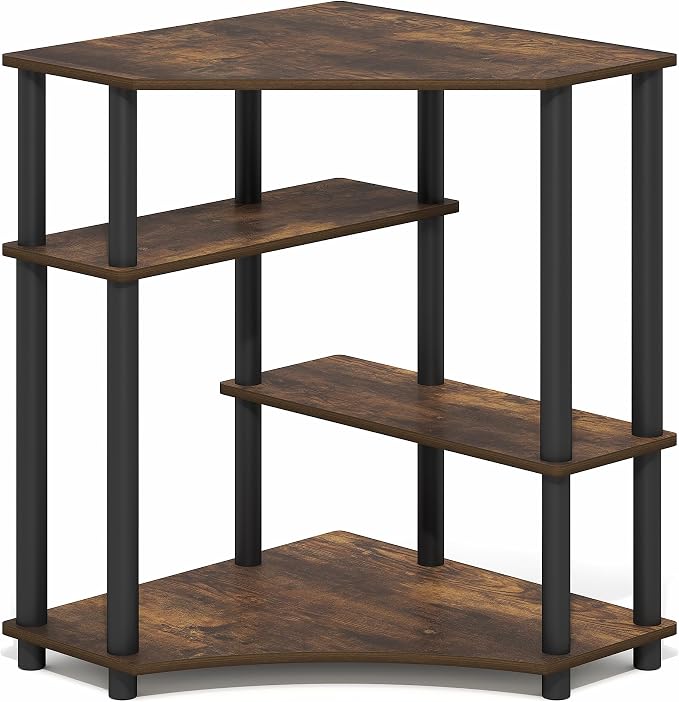 Furinno Turn-N-Tube Desk, Corner Gaming Desk with Storage Shelves, Toolless Assembly Computer Desk with Open Shelf, Office Desk for Home Office, Bedroom, Amber Pine