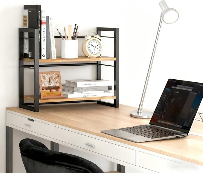 Desktop Shelf Organizer，Desk Shelf for Top of Desk， 2 Tier Adjustable Small Bookshelf ，Wood Desk Organizer Storage Rack and Freestanding Display Shelf for Office, Dormitory, Home (black, 16.9in)