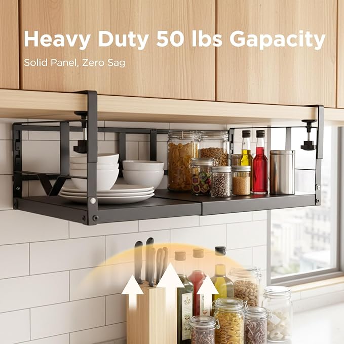 WELTOKE Under Shelf Storage Basket Organizer, Expandable Under Cabinet Shelf,Heavy Duty Metal Cabinet Hanging Shelf For Kitchen Cupboard Cabinet Pantry Laundry Desk Bookshelf Garage, Black(1 Pack)