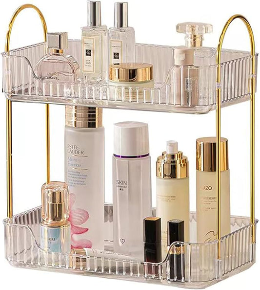 shuang qing 2 Tier Bathroom Counter Organizer Countertop Storage, Cosmetics Skincare Shelf Organizer, Makeup Organizer Perfume for Dresser Vanity Tray, Spice Rack Organizer for Kitchen - Clear
