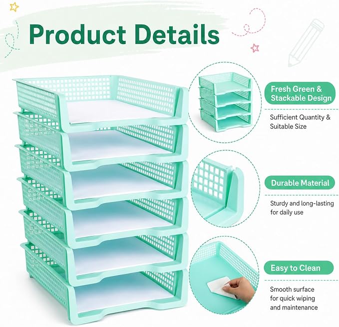 Set of 6 Green Turn in Trays for Teachers Stackable Classroom Paper Letter Trays Plastic Classroom Desk Letter Organizer Tray Storage Baskets for Library, Drawers, Office, Home