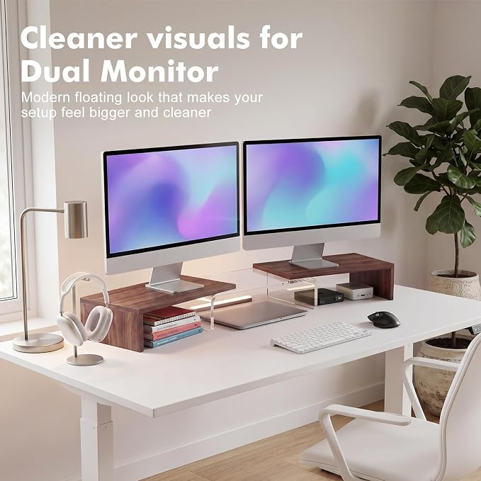 High-Clarity Dual Monitor Riser, Desk Organizer for Computer Monitor, Acrylic Monitor Riser with Keyboard Storage, Adjustable Angle & Length Computer Monitor Stand Walnut Look