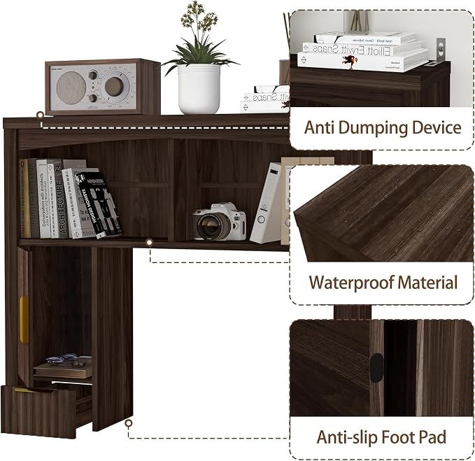 Desktop Shelf, Wooden Desk Hutch with Storage, Desktop Bookshelf with Cabinet and Drawer, Office Desk Organizer, Space-Saving Organization, Over Desk Storage Shelves for Home, Dorm, Walnut