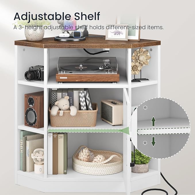 CHOEZON Corner Cabinet with Charging Station, Farmhouse Corner Bookshelf, Corner Storage Cabinet with Adjustable Shelf, for Living Room, Bedroom, Kitchen, Bathroom, White and Walnut MCW26UWL