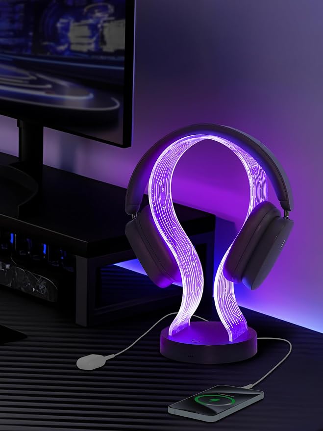 CoolGift Mart Light Up Headphone Stand with 16 Color Lights, PCB Pattern Acrylic Headset Stand with 1 USB and 1 Type-C Charging Ports, Gifts for Gamers Men Boy Father Dad and DJ Music Lovers
