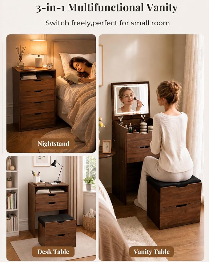 Small Vanity with Mirror and Lights for Small Space, 3-in-1 Compact Makeup Vanity Desk with Storage, Flip Top Vanity Table with Hidden Stool, 3 Color Mode, Drawers & Jewelry Organizer, Mini Vanity Set