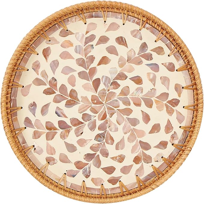 Kmelep Round Rattan Tray with Mother of Pearl Inlay, Rattan Serving Tray with Wooden Base, Decorative Wicker Basket for Table Decor, Storage and Display of Coffee Bread Food Fruit (Wicker)