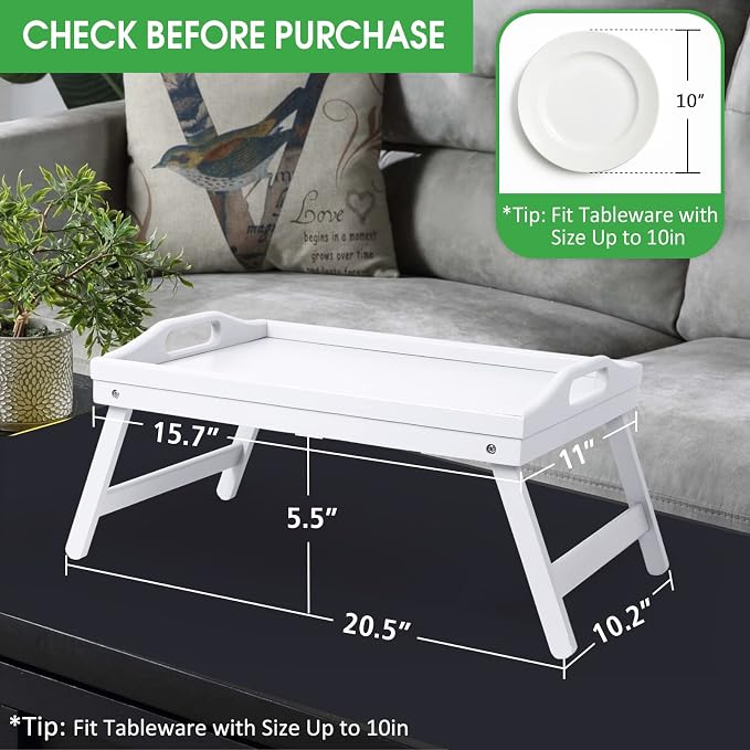 Artmeer Bed Tray Table with Foldable Legs,Bamboo Breakfast Tray with Handles Ideal for Sofa, Bed, Eating,Working,Used As Laptop Desk Snack Tray 2 Pack(White)