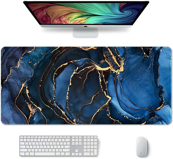 Auhoahsil Large Mouse Pad, XXL Desk Pad, Extened 35" x 15", Non-Slip Rubber Base, Stitched Edges, Superior Surface, Waterproof Keyboard Mat, Large Mousepad for Gamer, Office & Home, Dark Blue Marble