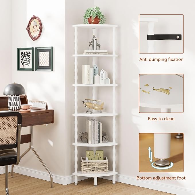 IBUYKE 6-Tier Corner Shelf,Stylish Corner Bookshelf for Small Spaces,Industrial Corner Storage Display Shelves,Small Corner Table for Bedroom,Bathroom,Kitchen, White WBC021W