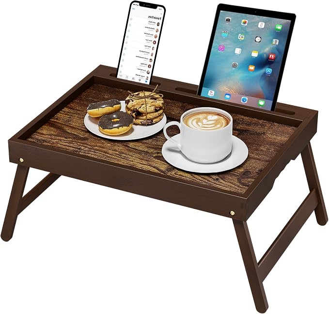 Bamboo Breakfast Tray with Foldable Legs & Detachable Stand | Ergonomic Handle | Portable Bed Tray for Eating, Working, Laptop, Tablet, and Phone（Vintage Walnut）