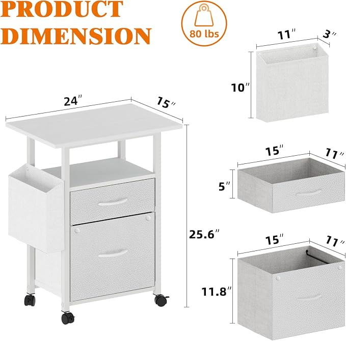 GYIIYUO 2 Drawer File Cabinet with 24'' Extended Desktop, Mobile Filing Cabinet, Rolling File Cabinet with Side Bag, Fabric Drawer, Fits A4/Letter Size, Printer Stand Home Office, White