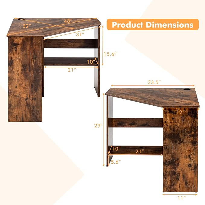 LDAILY Corner Desk, Space Saving 90 Degree Triangle Computer Desk with Storage Shelves & Cable Holes, Wood Compact Corner Writing Table for Small Spaces, Home Office, Bedroom & Living Room, Coffee