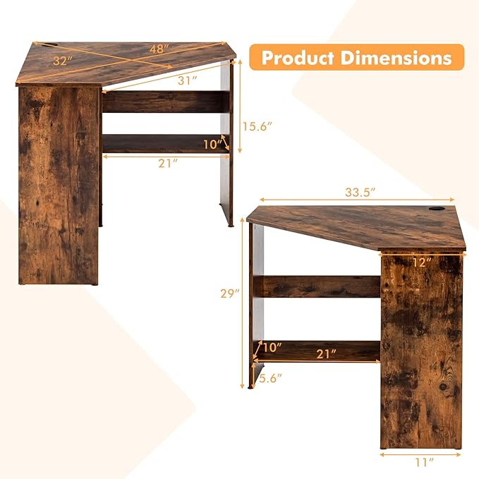 Small Corner Desk, Space-Saving Corner Workstation with Storage Shelves & CPU Stand, 90 Degree Triangle Makeup Vanity Desk, Wood Corner Computer Desk for Small Space (Rustic Brown)